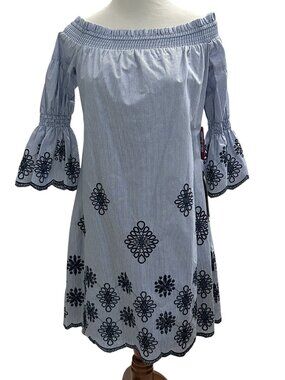 Vince Camuto Size 12 Striped Embroidered Off The Shoulder 100% Cotton Dress NWT